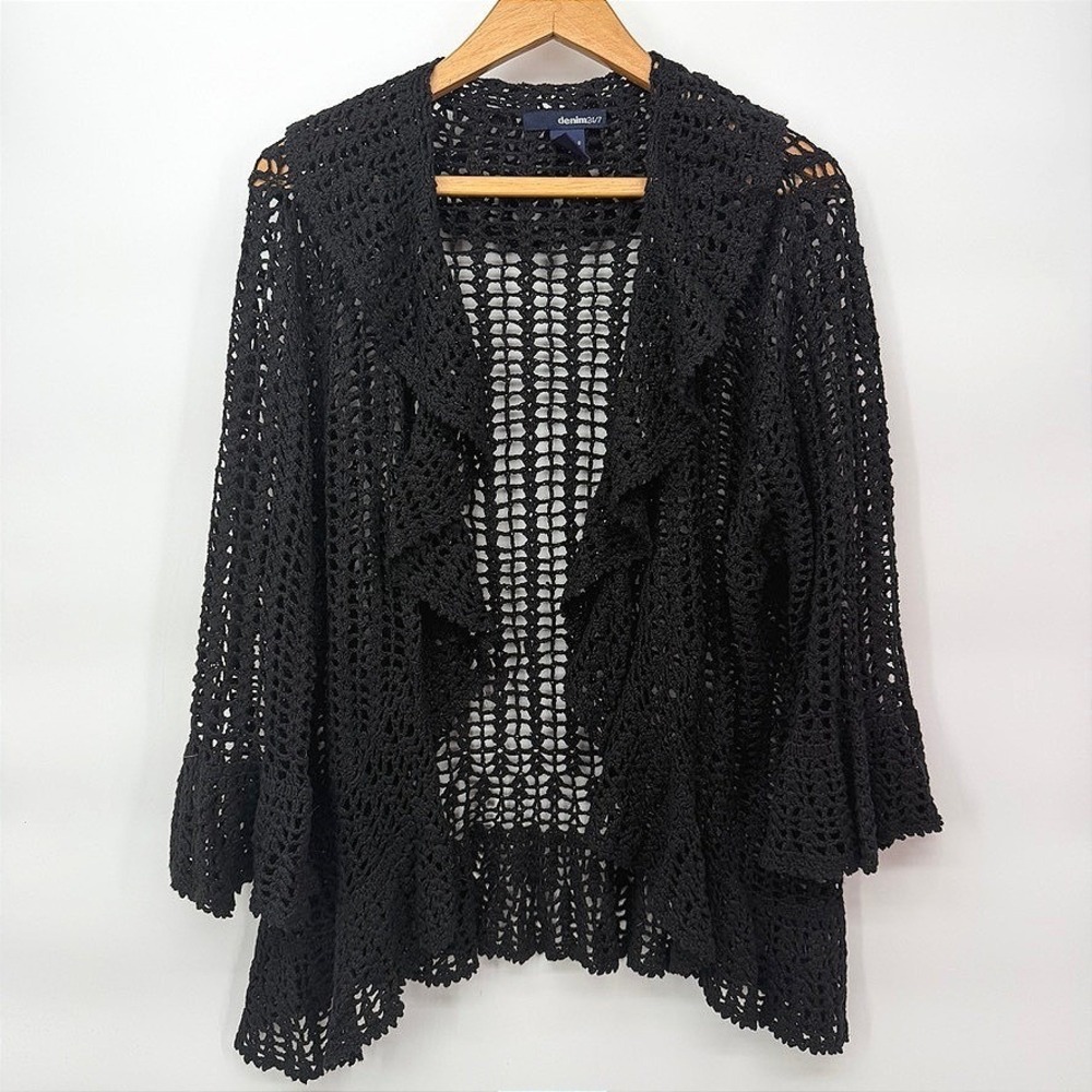 Denim 24/7 Cardigan Sweater Whimsical Fairy Open Knit Crochet Ruffle Boho 1X